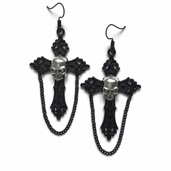 🔥💀NWT Skull chainlink  cross earrings black cross silver skulls. - Picture 3 of 7